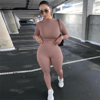 Nude Women's Long Sleeve O-Neck Crop Top Bodycon Sexy Slim Fit Pant Set Jumpsuit Dress