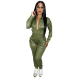 Green Women's Faux PU Leather Zipper Top Casual Sports Jumpsuit Sets Dress