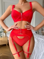 Red Women Erotic Mesh Zipper See-through 3PCS Sexy Valentine Underwear Lingerie Set