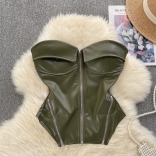 Green Women's Off-Shoulder Zipper PU Leather Corsets Sexy Crop Tops