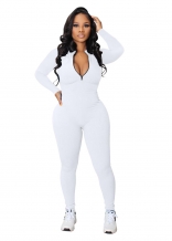White Women Long Sleeve Zipper Casual Striped Bodycon Sexy Sports Jumpsuit