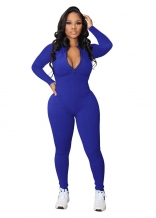 Blue Women Long Sleeve Zipper Casual Striped Bodycon Sexy Sports Jumpsuit