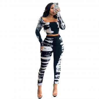 Black Women Elastic Long Sleeve Printed Crop Top Striped Bodycon Pants Jumpsuit Dress