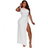 White Women One Shoulder Straps Shirring Hollow-out Sexy Bodycon Prom Long Dress