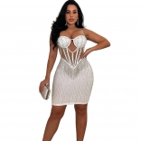 White Women Sexy Low Cut Diamonds Pearls Bra Mesh Bodycon Party Mini Dress
