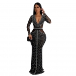 Black Mesh Long Sleeve Women Deep V-Neck Rhinestones Bodycon Formal Long Dress