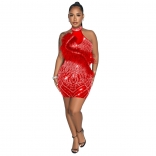 Red Sleeveless Women Backless Feather Rhinestones Bodycon Evening Party Dress