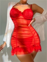 Red Women Lace Halter Exotic Sexy Evening Babydoll Lingerie Thongs Sleepwear