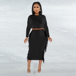Black Women's Long Sleeve O-Neck Tops Tassels Bodycon Midi Formal Dress