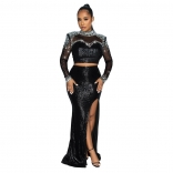 Black Women Luxury Mesh Pearls Long Sleeve Sequins Bodycon Prom Formal Party Long Dress