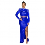 Blue Women Luxury Mesh Pearls Long Sleeve Sequins Bodycon Prom Formal Party Long Dress