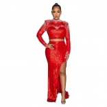 Red Women Luxury Mesh Pearls Long Sleeve Sequins Bodycon Prom Formal Party Long Dress