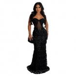 Black Elegant Straps Low-Cut Sequins Tassels Mesh Bodycon Sexy Formal Long Evening Dress