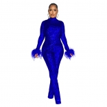 Blue Feather Long Sleeve Mesh Sequins Two Pieces Underwear Sexy Party Dancing Jumpsuit Dress
