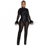 Black Feather Long Sleeve Mesh Sequins Two Pieces Underwear Sexy Party Dancing Jumpsuit Dress
