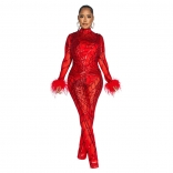 Red Feather Long Sleeve Mesh Sequins Two Pieces Underwear Sexy Party Dancing Jumpsuit Dress