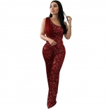 WineRed Mesh One-Shoulder Sleeveless Sequins Bodycon Office Lady Fashion Jumpsuit Dress
