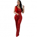 Red Mesh One-Shoulder Sleeveless Sequins Bodycon Office Lady Fashion Jumpsuit Dress