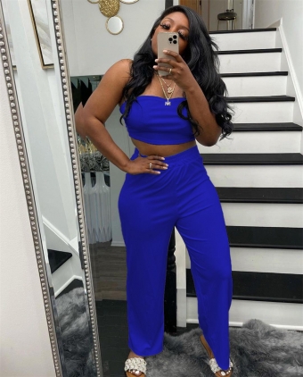 Blue Off-Shoulder Sleeveless Women Wrap Top Fashion Street OL Jumpsuit Dress Set