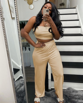 Khaki Off-Shoulder Sleeveless Women Wrap Top Fashion Street OL Jumpsuit Dress Set