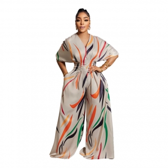 Beige Short Sleeve V-Neck Printed Fashion Slim Fit Fashion Jumpsuits