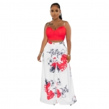 Red Women Straps Diamonds V-Neck Crop Top Printed Fashion Width Trousers Dress Sets