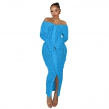 Blue Off-Shoulder Mesh Wave Long Sleeve Women See Through Party Long Dress