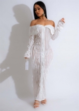 White Off-Shoulder Mesh Wave Long Sleeve Women See Through Party Long Dress
