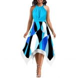 Blue Women's Halter Neck Printed Fashion Casual Skirt Dress