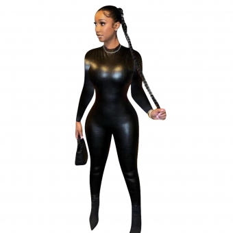 Black O-Neck Long Sleeve PU Leather Bodycon Evening Party Sexy Jumpsuit