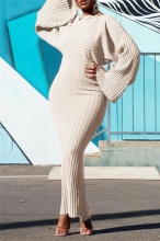 White Women Long Sleeve Cotton Striped Bodycon Fashion Slim Fit OL Midi Dress