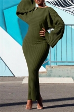 Green Women Long Sleeve Cotton Striped Bodycon Fashion Slim Fit OL Midi Dress