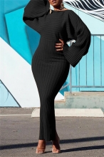 Black Women Long Sleeve Cotton Striped Bodycon Fashion Slim Fit OL Midi Dress