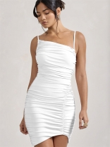 White Halter Pleated Sexy Evening Party Sexy Mini Dress