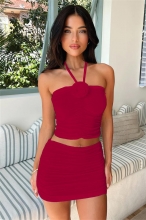 Red Women Halter Neck Camisole Pleated Sexy Bodycon Club Dress