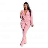 Pink Women Long Sleeve Deep V-Neck Fashion Solid Casual Suit Dress Sets