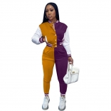 Purple Women Long Sleeve Button Jacket Baseball Jersey Sports Jumpsuit Dress Sets