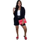 Black Women Fashion Casual Loose Long Sleeved Cardigan Two Piece Short Dress Sets