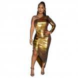 Gold Women One Sleeve Gilding Pleated Evening Party Dance Midi Dress