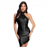 Black Shiny Halter Cut Out Sexy Party Club Dress