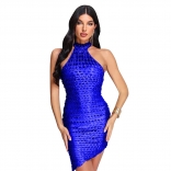Blue Shiny Halter Cut Out Sexy Party Club Dress