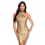 Gold Shiny Halter Cut Out Sexy Party Club Dress