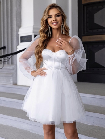 White Mesh Chiffion Lantern Cute Girl Wedding Skirt Dress