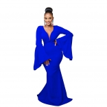 Blue Luxury Low Cut V-Neck Bell Sleeves Slim Evening Long Dress