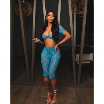 Blue Sexy See Through Lace Night Club Rompers