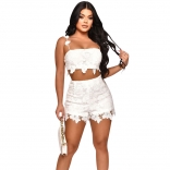 White Straps Halter Lace Embroidery Two Pieces Short Dress Sets