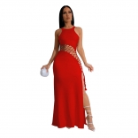Red Sleeveless Hollow Out Lace Up Bandage Sexy Long Dress