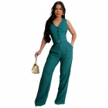 Green Sleeveless Button V-Neck Vest Two Pieces Casual Jumpsuit Dress