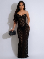 Black Halter Low Cut Lace Hollow Out Sexy Club Long Dress