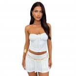 White Off-Shoulder Lace Up Crop Tops Lining Pleated Sexy Short Skirt Sets